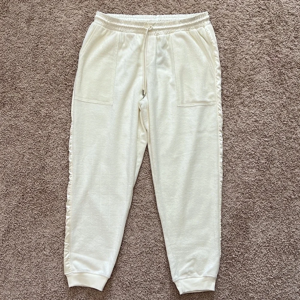 ATM Women XL Cream Satin French Cotton Terry Pull-On Chalk Jogger Track Pant NWT